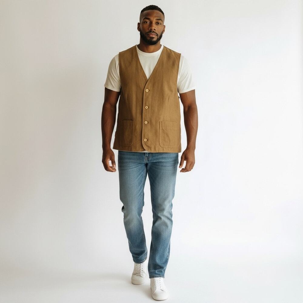 Mens Mocha Brown Faux Suede Vest Button up Summer layering Top Large -